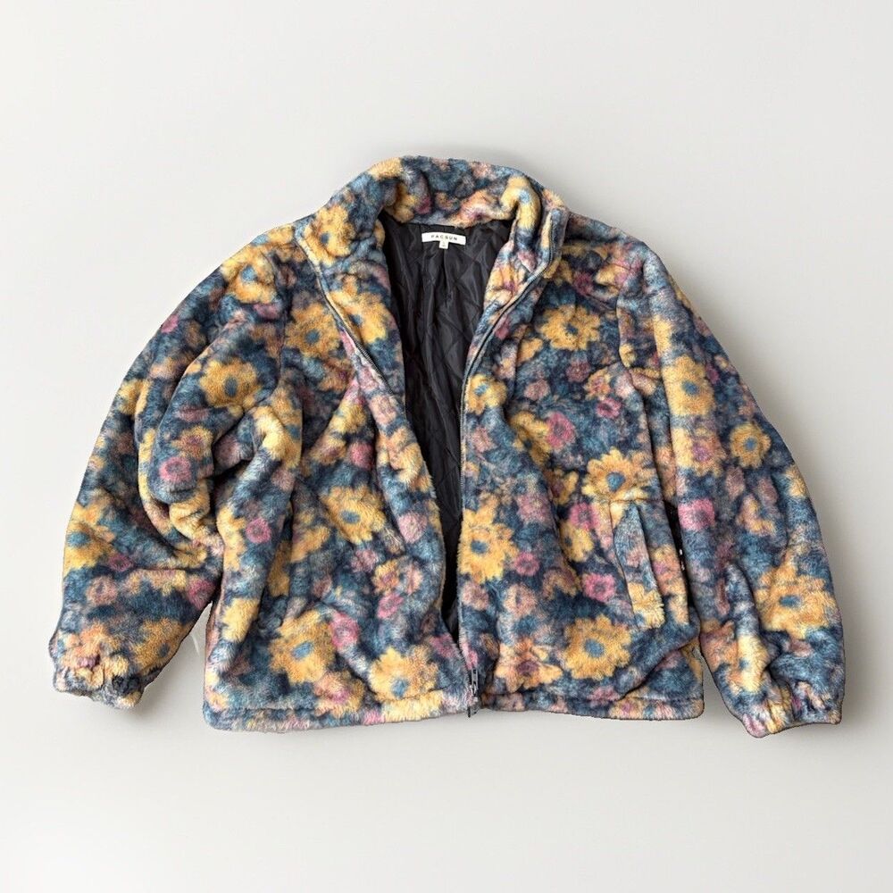 PacSun Floral Fleece Jacket Womens Size L Full Zip Blue Yellow Sunflower Sherpa